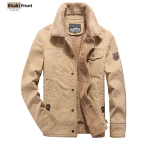Detail view of khaki winter jacket featuring thick fleece lining and lapel collar design