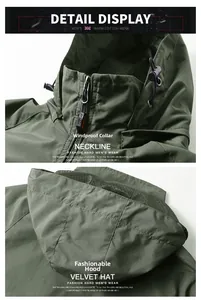 Detail of windproof neckline and fashion hood with breathable mesh lining on jacket