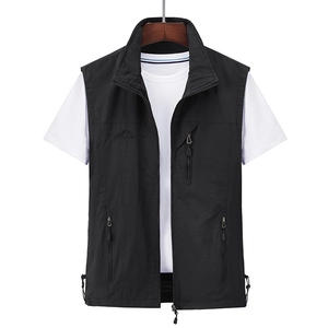 Men's outdoor quick-dry multi-pocket vest in black with a stand collar and logo