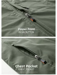Detail of army green jacket showing durable metal zipper and zip-up chest pocket