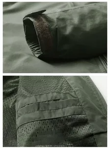 Detail view of military green jacket with windproof velcro cuffs and functional inside pocket