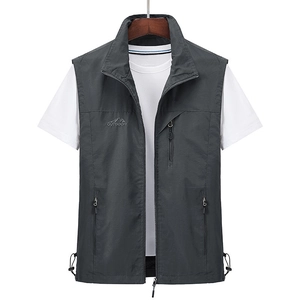 Men's lightweight quick-dry outdoor vest with stand collar and zipper pockets in dark grey