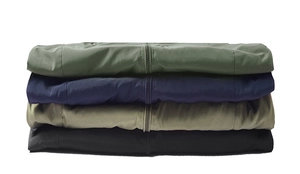 Vertical stack of casual hooded jackets in army green, navy, khaki, and black colors