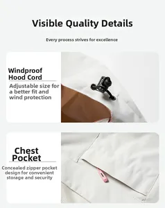 Detail of adjustable windproof hood rope and hidden chest pocket on outdoor jacket