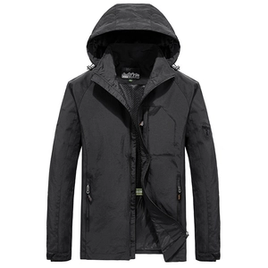 Men's black hooded windbreaker jacket with breathable mesh lining and sleeve patch