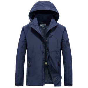 Men's navy blue windbreaker hooded jacket with breathable mesh lining and zipper pockets