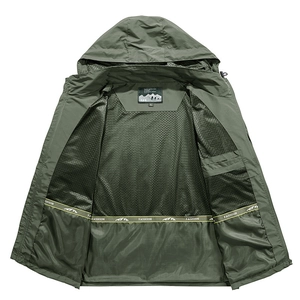 Army green lightweight hooded windbreaker with breathable mesh lining and inner pocket