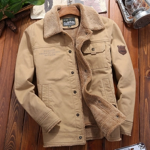 Men's khaki sherpa-lined winter jacket with vintage American embroidery and warm fleece collar
