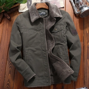 Army green men's winter jacket with warm sherpa collar and outdoor style embroidery
