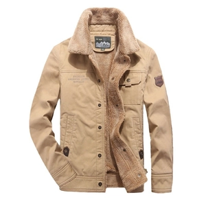 Men's khaki canvas winter jacket with warm sherpa fleece lining and cargo pockets