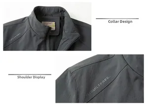 Detailansicht des dunkelgrauen Stehkragens und der Schulternähte an der Freizeitjacke