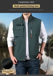 Detail of green fishing vest featuring multi-pocket design and breathable mesh lining