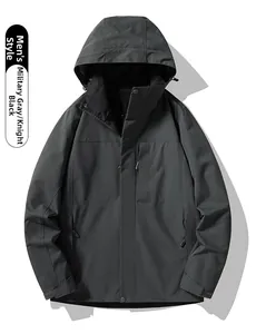 Detail of military grey outdoor jacket with waterproof zipper and adjustable cuffs