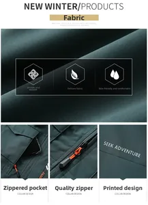 Detail view of windproof dark green vest with smooth zipper and Seek Adventure print
