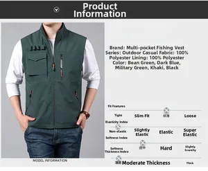 Detail view of multi-pocket outdoor fishing vest with size chart and fabric specifications