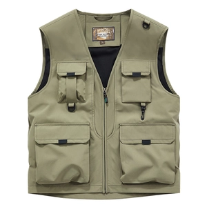 Herren Outdoor Angelweste in Khaki mit V-Ausschnitt, vielen Taschen und Netzfutter