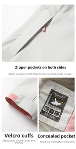 Detail view of waterproof jacket features zipper pockets and adjustable velcro cuffs
