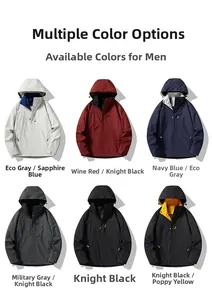 Detail view of men's waterproof hooded outdoor jackets in six different color combinations