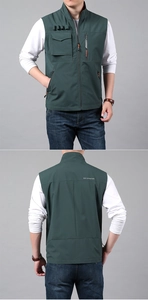 Front and back detail of a dark green functional vest with pockets and printed slogans