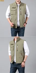 Detail of khaki outdoor utility vest featuring multi-pocket design and stand collar