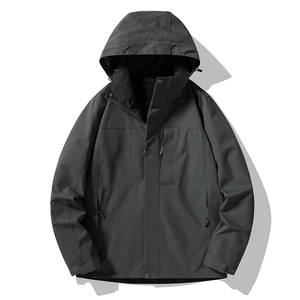 Waterproof outdoor hooded windbreaker jacket for men in dark grey with multiple pockets
