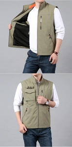 Detail of outdoor men's vest with zipper closure, stand-up collar and fashion pocket