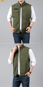 Detail view of army green outdoor vest with functional multi-pockets and stand collar