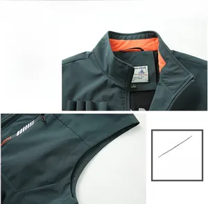 Detail view of outdoor vest with orange fleece lining and durable zipper neck closure