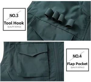 Detail of tool hanging loops and flap pocket on dark green outdoor utility vest