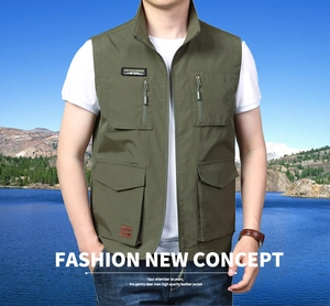 Detail of army green outdoor fishing vest with multi-pockets and ADVENTUROUS logo