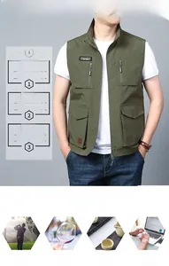 Close-up of army green multi-pocket outdoor vest featuring functional zippers and stand collar