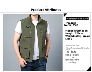 Detail view of men's olive green outdoor fishing vest with multiple cargo pockets