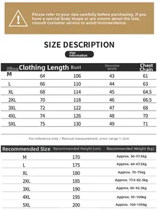 Detailed size chart for men's fishing vest with measurements from M to 5XL for perfect fit