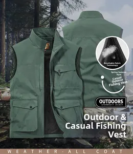Detail of green outdoor fishing vest with multiple pockets and breathable mesh lining