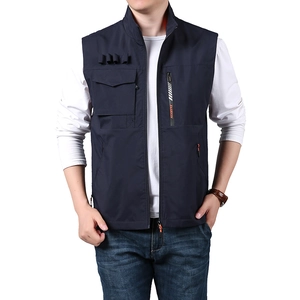 Men's outdoor utility vest with standing collar and functional multi-pockets in dark blue