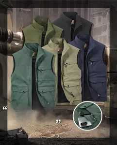 Detail showing multi-pocket outdoor vest in five colors with water-repellent fabric