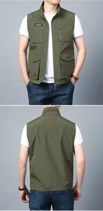 Front and back views of an army green multi-pocket outdoor utility vest with zipper detail
