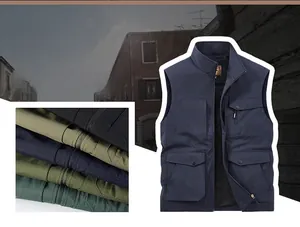 Detail of multi-pocket outdoor fishing vest showing windproof fabric and available colors