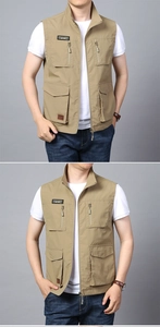 Detail of khaki outdoor vest with multi-pockets and ADVENTUROUS embroidery patch