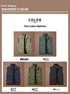 Outdoor cargo vest color display in khaki, green, navy blue, army green, and black