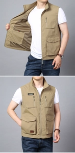 Close-up of khaki outdoor fishing vest with multi-pocket utility and mesh lining