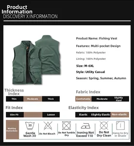 Detailed size chart and specifications for multi-pocket outdoor cargo fishing vest