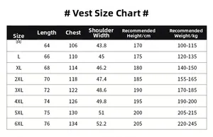 Size chart for men's outdoor utility vest with multi-pocket design from size M to 6XL