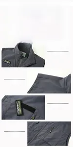 Detailed views of multi-pocket fishing vest featuring stand collar and zipper pockets