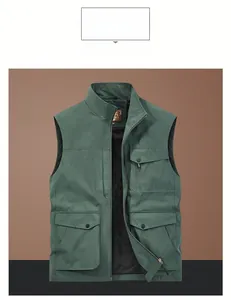 Detailed close-up of a green multi-pocket utility vest with metallic zipper and mesh lining