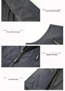 Detailed close-up of mesh lining, metal zipper, and embroidered label on gray fishing vest