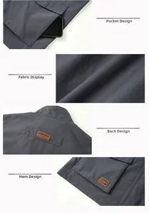 Detail view of large side pockets and adventurous leather patch on outdoor gray vest