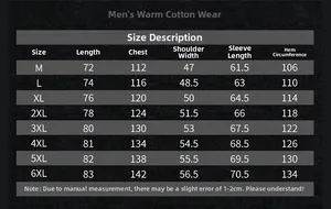 Detailed size chart for vintage men cotton jacket ranging from M up to 6XL measurements