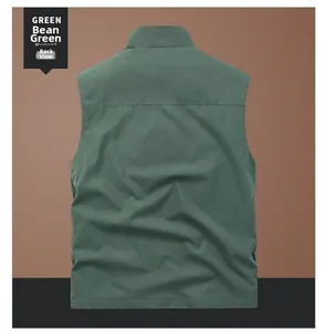 Detailed back view of casual multi-pocket outdoor vest in bean green cotton fabric