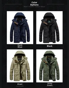 Men's hooded winter parka in four colors with multiple pockets and warm fleece lining